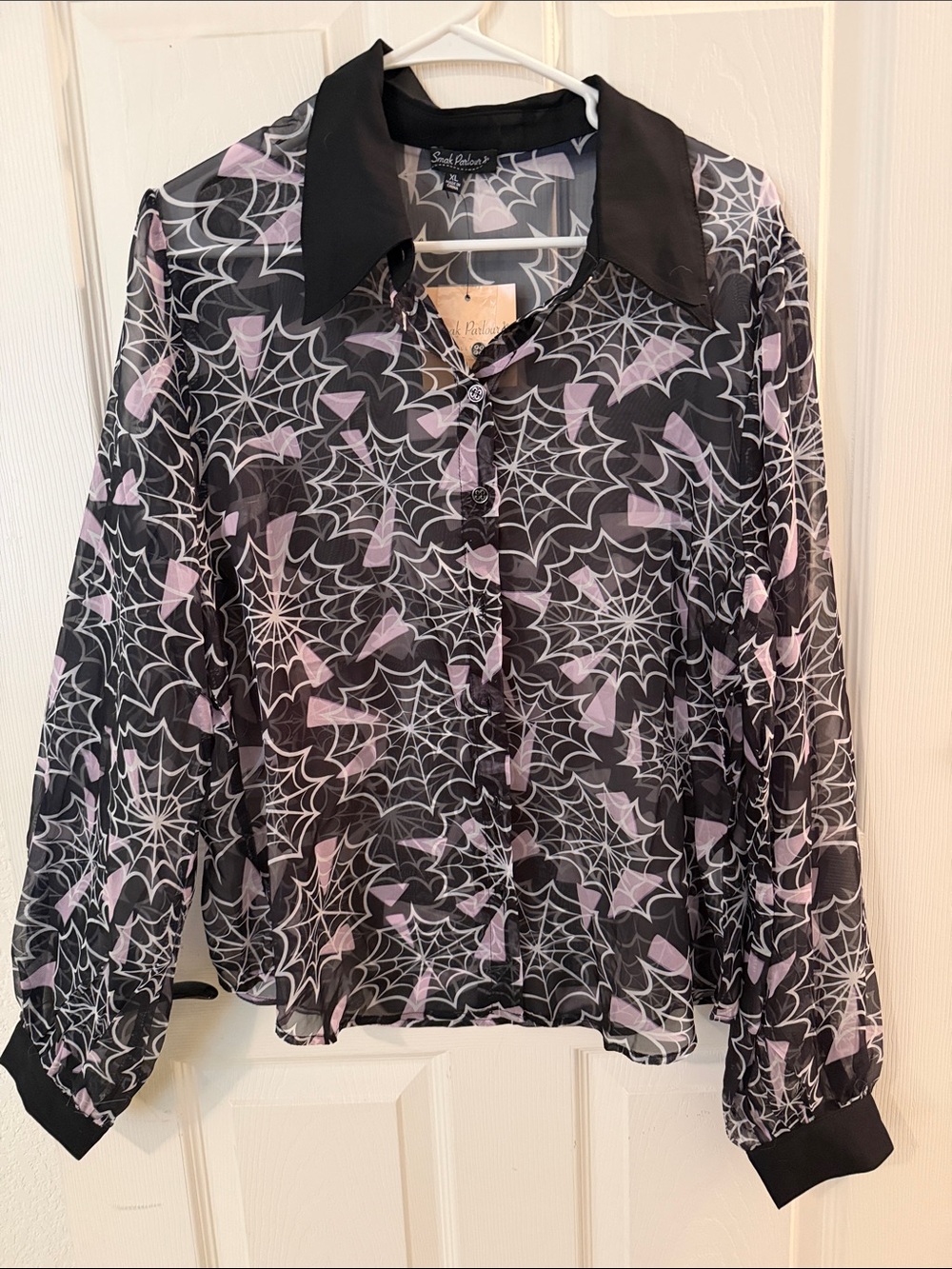 Sheer Black Button-Up Top with Lavender Spiderweb Print